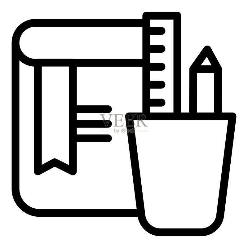 文具和笔记本线性图标：学校或办公用品，书本和带铅笔、尺子的杯子。教育矢量概念，白色背景上的轮廓图图标素材
