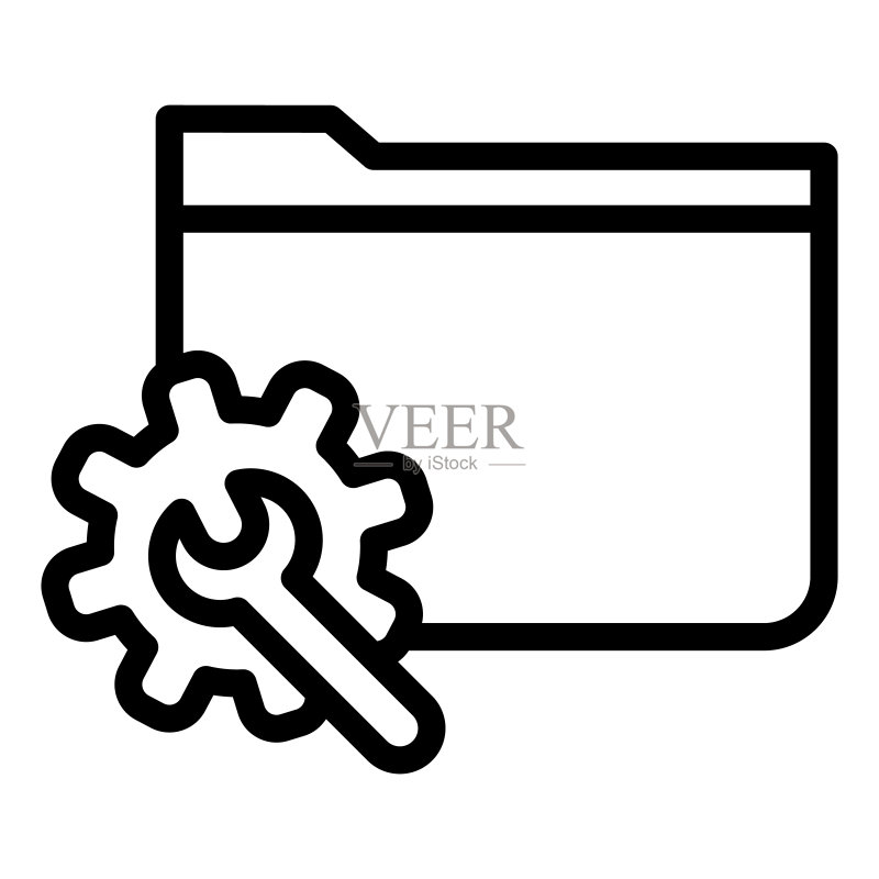 带齿轮线条图标的文件夹。设置文件夹矢量图，与白色隔离。为应用程序设计的计算机文件夹轮廓样式。图标素材
