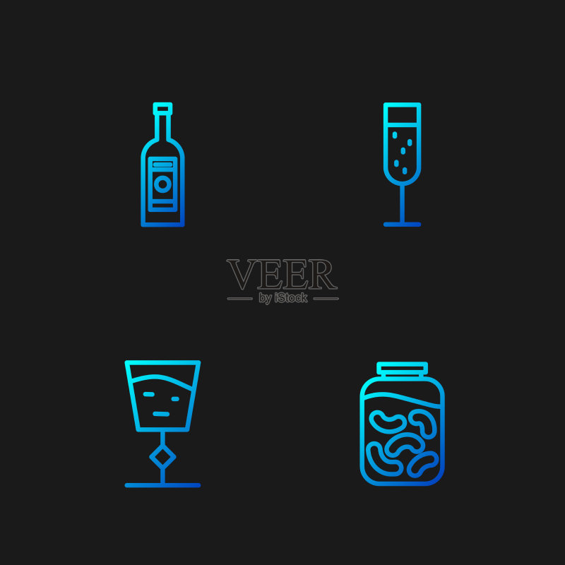 罐装腌黄瓜和葡萄酒杯线条稿图标素材
