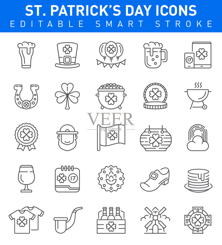 圣帕特里克节图标：可编辑描边合集图标素材