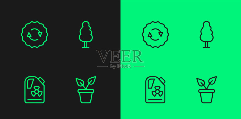 盆栽植物与放射性废料桶线条画图标素材