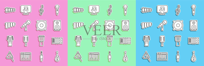吉他、手风琴、立体声扬声器、高音谱号素材图标素材