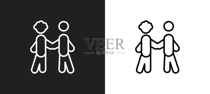 两个男人会面轮廓图标（黑白色）。来自行为收集的两个男人会面扁平矢量图标，适用于Web、移动应用和UI图标素材