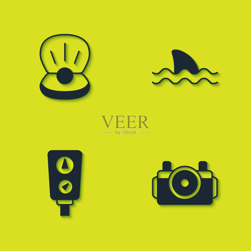 潜水员用珍珠照相机、压力表和刻度盘套装图标素材