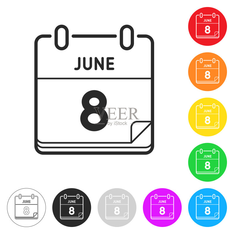 彩色按钮上的6月8日扁平图标图标素材
