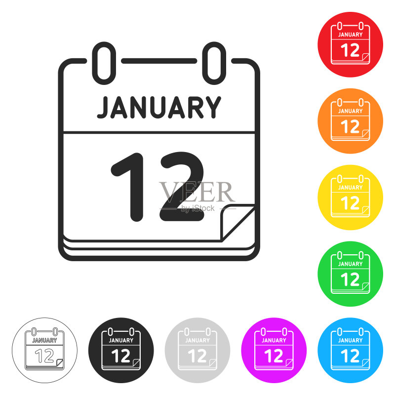 1月12日不同颜色按钮上的扁平图标图标素材