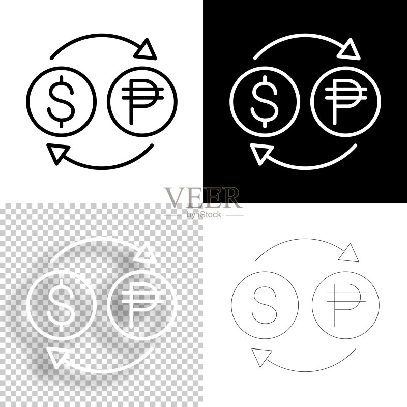 货币兑换：美元兑比索。设计图标。白色和黑色背景 - 线条图标图标素材