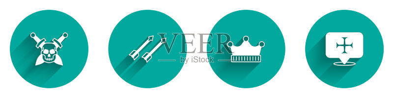 骷髅、剑、中世纪箭矢与国王皇冠组合图标素材