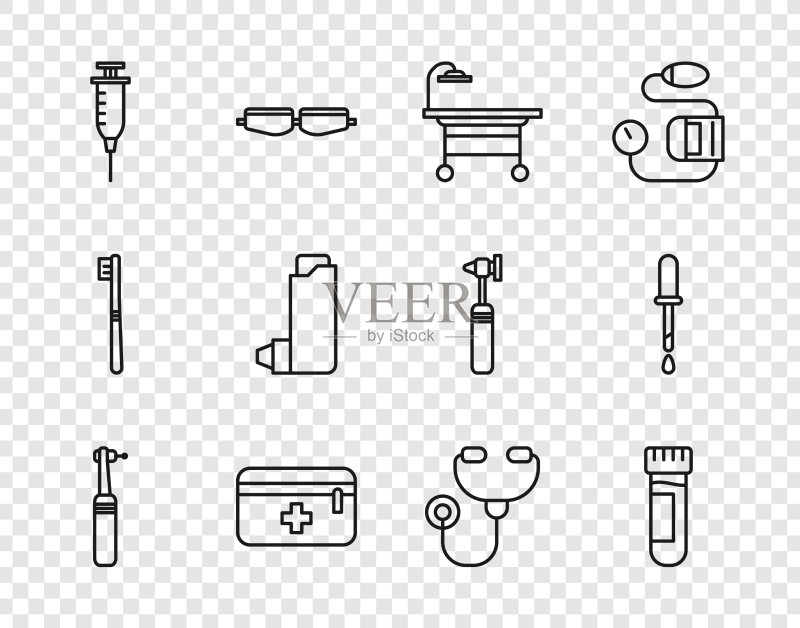 牙科用具套装：牙齿、钻头、血液试管图标素材