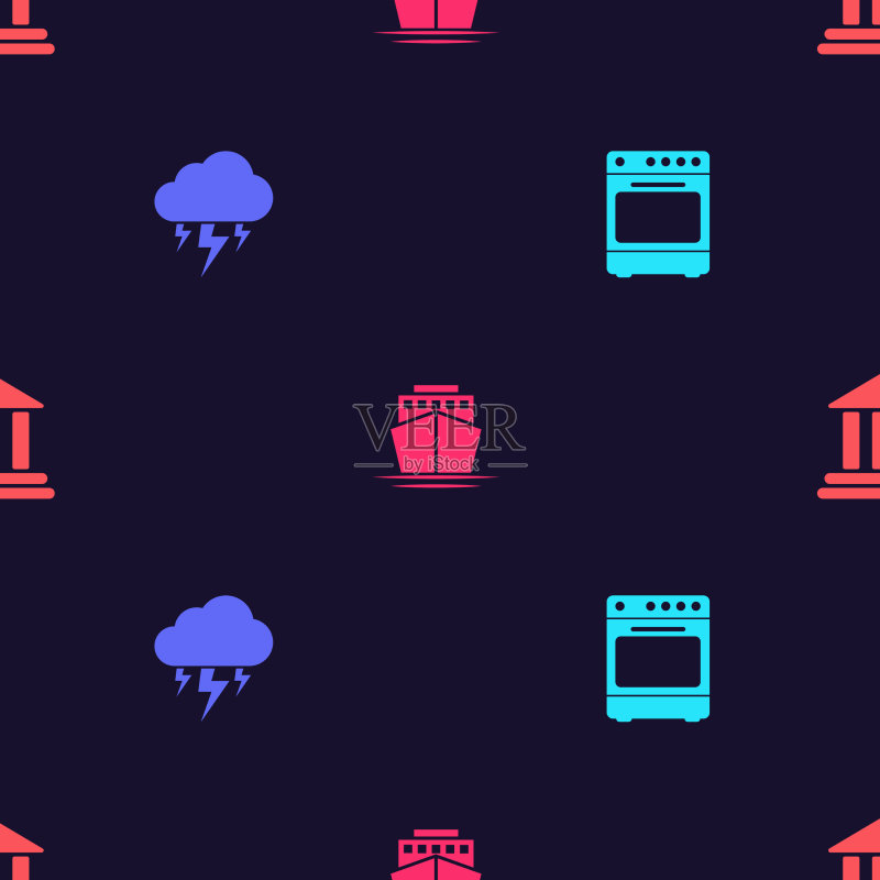 烤箱、暴风雨中的船和银行大楼场景合集图标素材