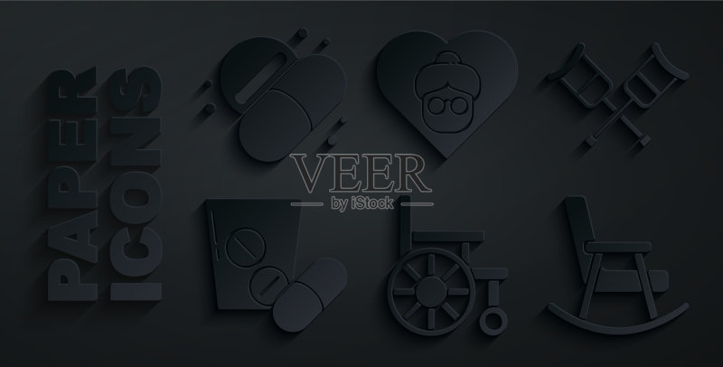 轮椅、拐杖和药丸组合图标素材