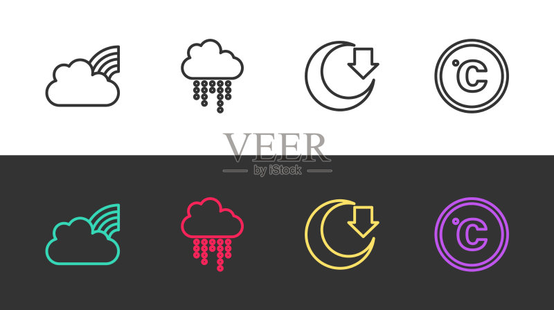 彩虹与云雨月亮线条图标素材