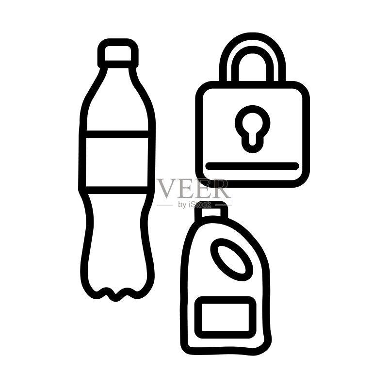 塑料图标。白色背景上的细线条塑料轮廓图标。用于网页和移动设备的线性矢量塑料标志、符号。图标素材