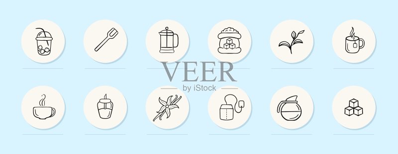 糖线图标。甜点、鸡尾酒、勺子、茶、杯子、咖啡、茶壶、精制糖、甘蔗。粉彩背景。矢量线图标图标素材