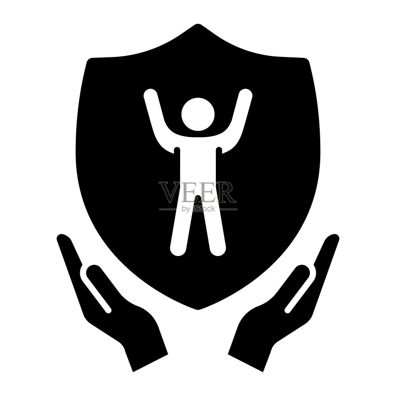 儿童保护盾在人手中，6月1日儿童保护日概念，父母用婴儿安全标志在白色背景上提供儿童护理。矢量图形。图标素材