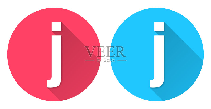 字母j圆形图标，在红色或蓝色背景上的长阴影图标素材