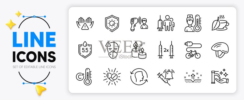 疫苗公告、自行车头盔和香薰蜡烛线图标。适用于Web应用，矢量图图标素材