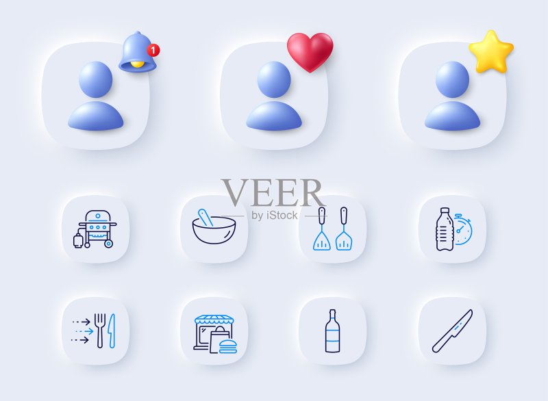 红酒瓶、食品市场和燃气烤架线条图标。适用于Web应用程序、印刷。矢量图图标素材