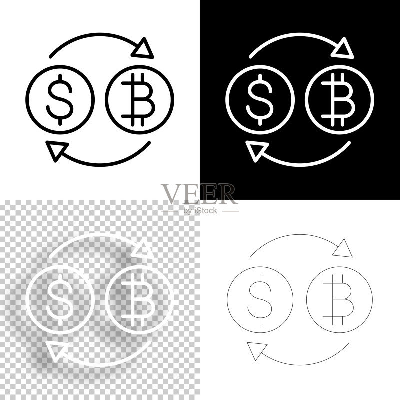 货币兑换：美元比特币图标设计，黑白线条背景图标素材