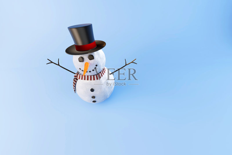 蓝色背景上戴帽子和围巾的微笑雪人，3D渲染插图照片摄影图片